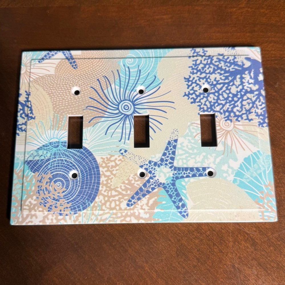 Nautical Coastal Triple Toggle Light Switch Cover Plate Starfish Shells‎ Blue